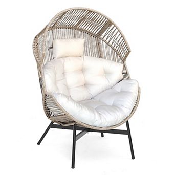 Oversized Wicker Egg Chair with Cushions and Headrest for Indoor Outdoor Use