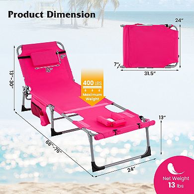 Outdoor Folding Chaise Lounge Chair With 5 Position Recline Pillow