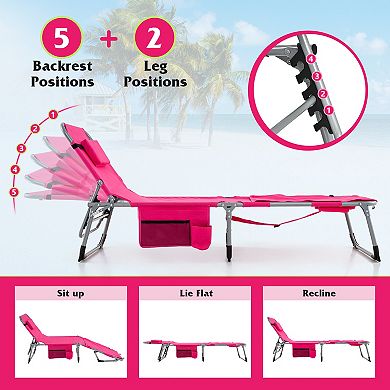 Outdoor Folding Chaise Lounge Chair With 5 Position Recline Pillow