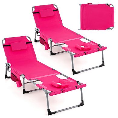 Outdoor Folding Chaise Lounge Chair With 5 Position Recline Pillow