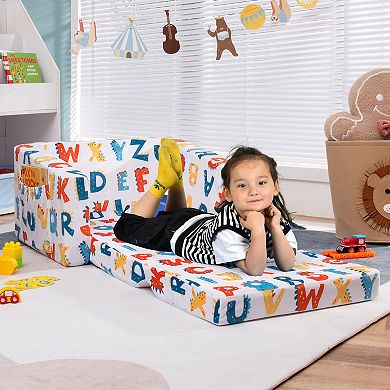 Convertible Kids Sofa 2 In 1 Toddler Couch Sleeper With Velvet Fabric