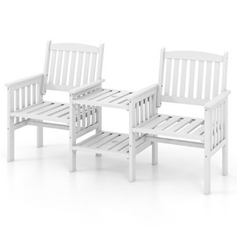 Outdoor Wood Loveseat Bench With 2 tier Side Table And Umbrella Hole