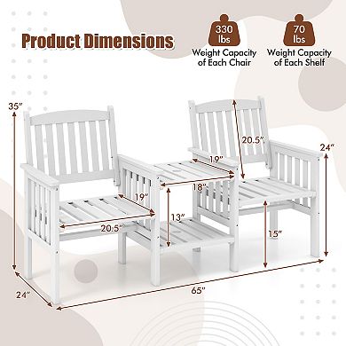 Outdoor Wood Loveseat Bench With 2 Tier Side Table And Umbrella Hole