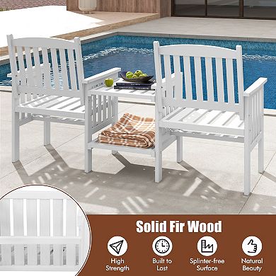 Outdoor Wood Loveseat Bench With 2 Tier Side Table And Umbrella Hole