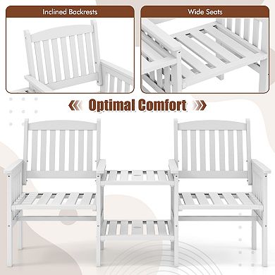 Outdoor Wood Loveseat Bench With 2 Tier Side Table And Umbrella Hole