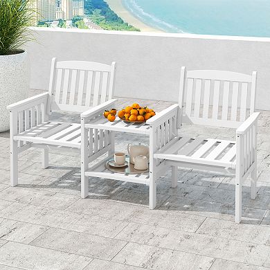 Outdoor Wood Loveseat Bench With 2 Tier Side Table And Umbrella Hole
