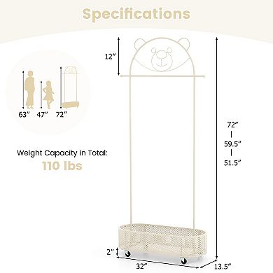 Kids Clothes Rack with Adjustable Heights, Rolling Garment Rack and Basket