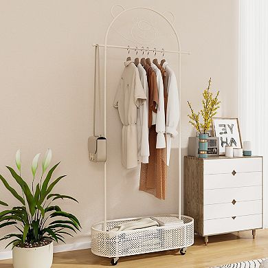 Kids Clothes Rack with Adjustable Heights, Rolling Garment Rack and Basket