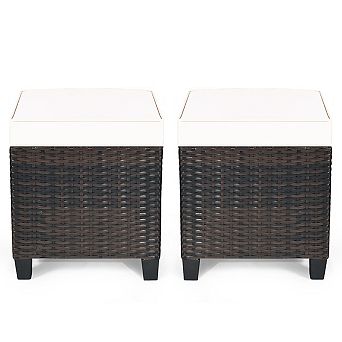 2 pc Patio Rattan Ottoman Set with Removable Cushions-White