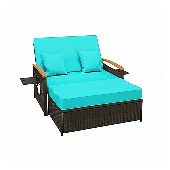 Outdoor Wicker Daybed Patio Loveseat with Storage Ottoman