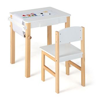 Kids Art Table and Chair Set with Paper Roll Drawer and Markers