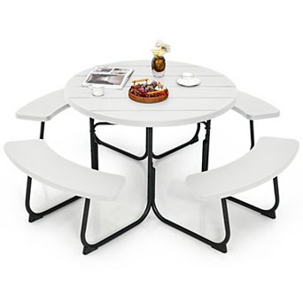 8-Person Outdoor Picnic Table and Bench Set with Umbrella Hole - White