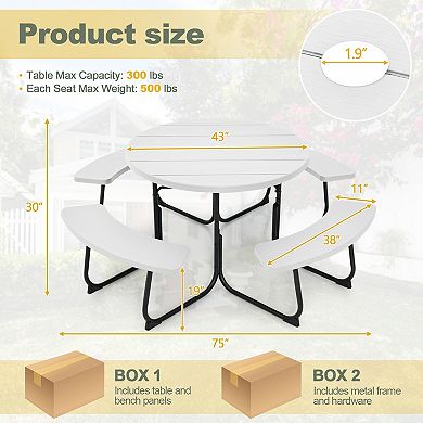 8-Person Outdoor Picnic Table and Bench Set with Umbrella Hole - White