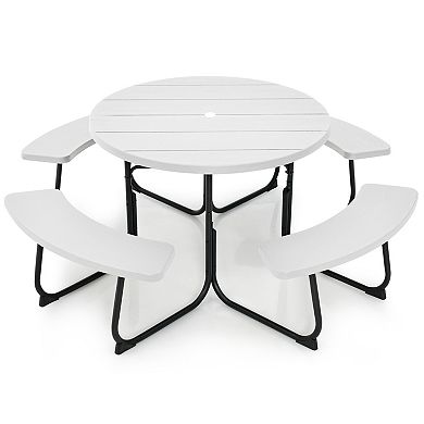 8-Person Outdoor Picnic Table and Bench Set with Umbrella Hole - White