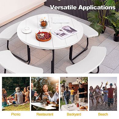 8-Person Outdoor Picnic Table and Bench Set with Umbrella Hole - White