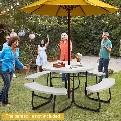 8-Person Outdoor Picnic Table and Bench Set with Umbrella Hole - White
