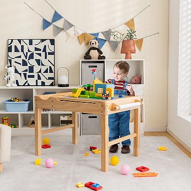 Kids Activity Table Wooden Building Block Desk with Storage Paper Roll