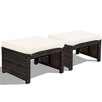 2 pc White Rattan Ottomans with Soft Cushions for Patio and Garden