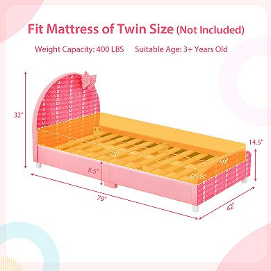 Upholstered Twin Bed Frame with Slat Support for Kids