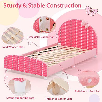 Upholstered Twin Bed Frame with Slat Support for Kids
