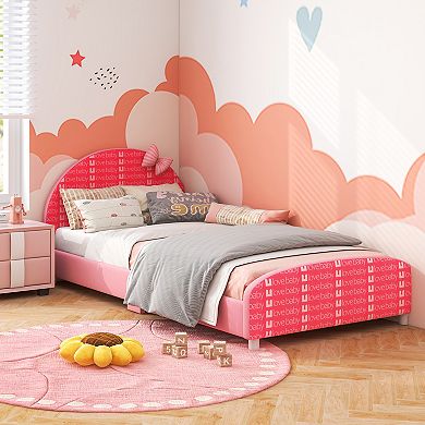 Upholstered Twin Bed Frame with Slat Support for Kids