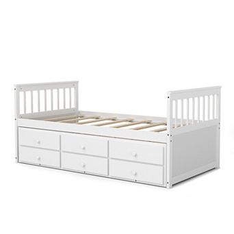 Twin Captain's Bed with Trundle and 3 Storage Drawers Wood Frame
