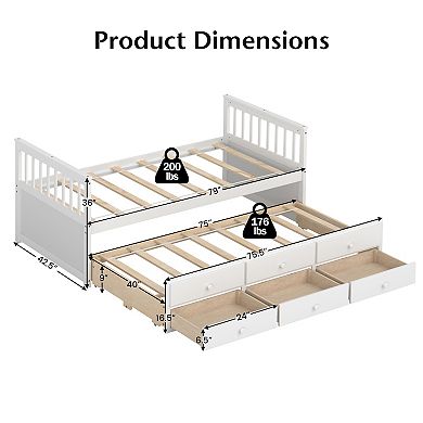 Twin Captain's Bed with Trundle and 3 Storage Drawers Wood Frame