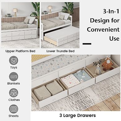 Twin Captain's Bed with Trundle and 3 Storage Drawers Wood Frame