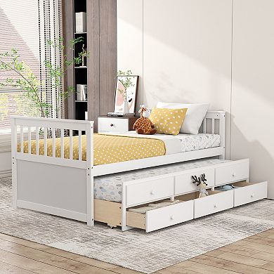 Twin Captain's Bed with Trundle and 3 Storage Drawers Wood Frame