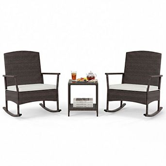 3 pc Patio Rocking Chair Set with Cushions and 2 tier Coffee Table