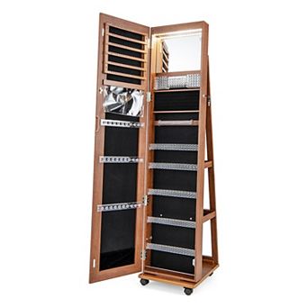 Lockable Jewelry Armoire Cabinet With Full Length Mirror And LED Makeup Mirror