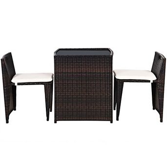 Wicker Patio Bistro Set 3 pc with Cushions and Glass Top Table