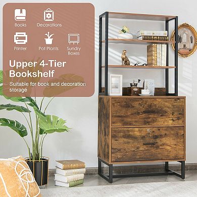 Letter Size Lateral File Cabinet with Lock and 4 Tier Bookshelf