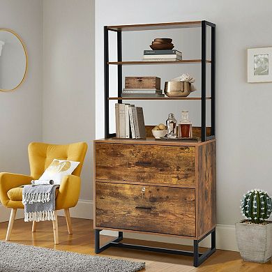 Letter Size Lateral File Cabinet with Lock and 4 Tier Bookshelf