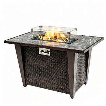Eazegath 42" 60,000 BTU Outdoor Wicker Rectangular Propane Fire Pit Table with Tile Top, Rain Cover