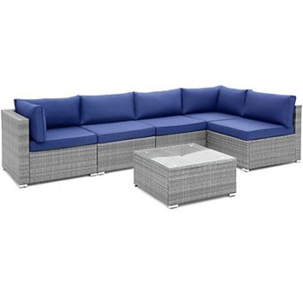 6 pc Patio Conversation Set with Cushions and Tempered Glass Table