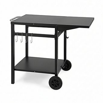Outdoor Grill Cart with Folding Tabletop Shelves and Hooks