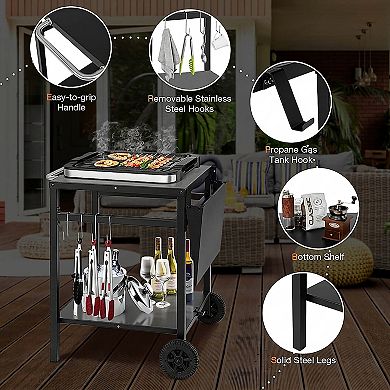 Outdoor Grill Cart with Folding Tabletop Shelves and Hooks