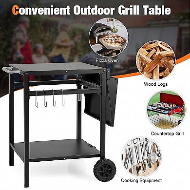 Outdoor Grill Cart with Folding Tabletop Shelves and Hooks