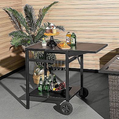 Outdoor Grill Cart with Folding Tabletop Shelves and Hooks