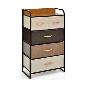 5 Drawer Fabric Dresser Storage Tower With Wooden Top And Steel Frame