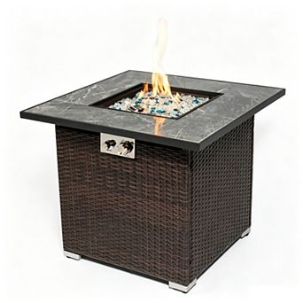 Eazegath 30" 50,000 BTU Outdoor Wicker Square Propane Fire Pit Table with Tile Tabletop, Rain Cover
