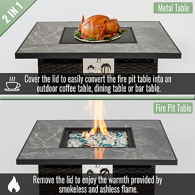Eazegath 30" 50,000 BTU Outdoor Wicker Square Propane Fire Pit Table with Tile Tabletop, Rain Cover