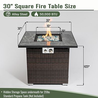 Eazegath 30" 50,000 BTU Outdoor Wicker Square Propane Fire Pit Table with Tile Tabletop, Rain Cover