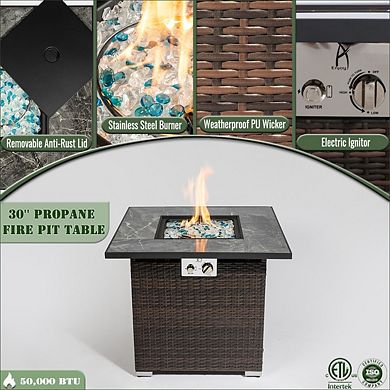 Eazegath 30" 50,000 BTU Outdoor Wicker Square Propane Fire Pit Table with Tile Tabletop, Rain Cover