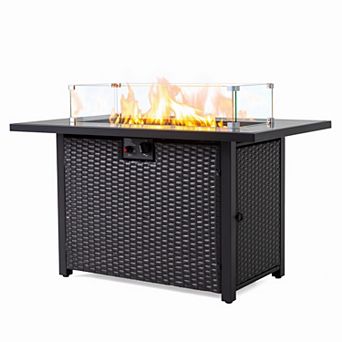 Eazegath 44" 50,000 BTU Outdoor Wicker Rectangular Propane Fire Pit Table with Tempered Glass Top