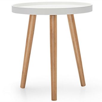 Round Side Table with Wooden Tray and Wooden Legs for Small Spaces