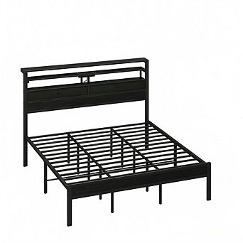 YIORTWO Metal Platform Bed Frame Storage Headboard Charging Station LED Lights Bedroom Furniture