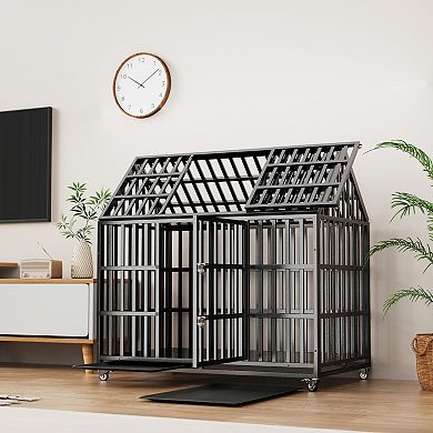 IFMALL Large Heavy Duty Pet Crate with Lockable Wheels Durable Indoor Outdoor