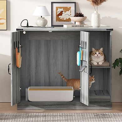 IFMALL Modern Cat Litter Box Cabinet with Power Outlet and Adjustable Storage